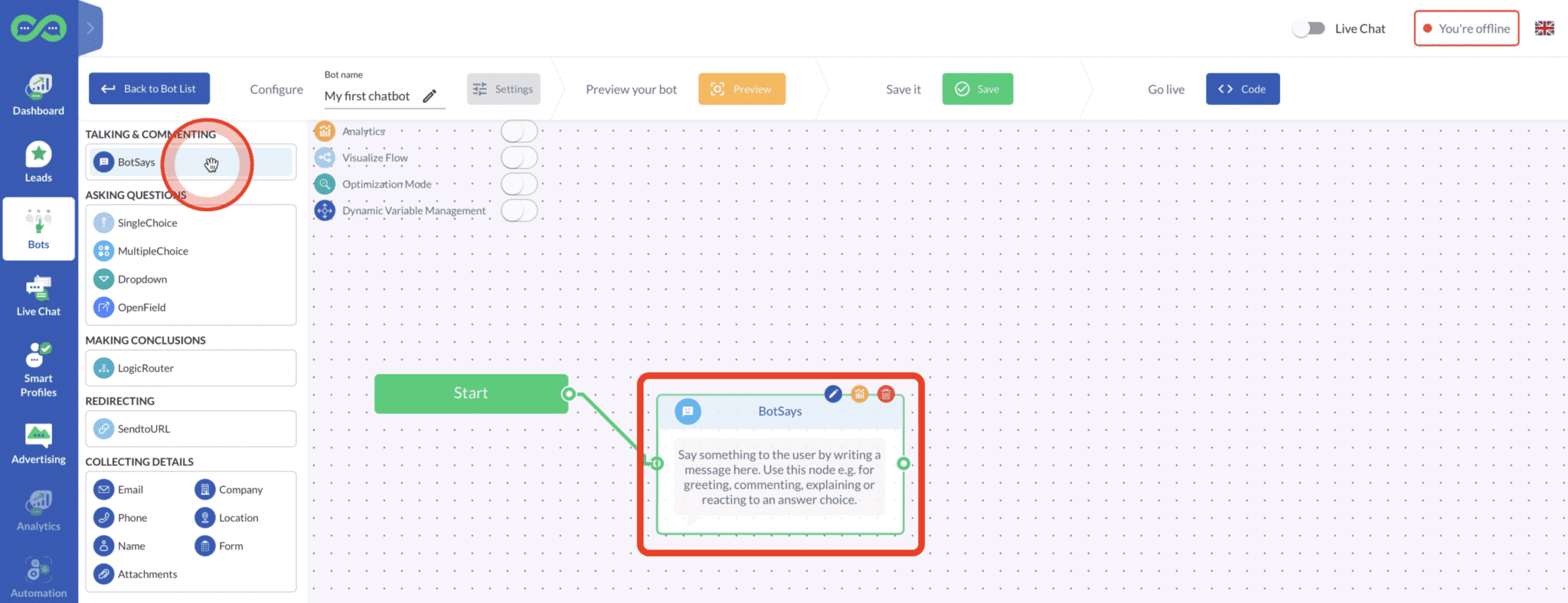 Screenshot 2021 01 18 at 11.00.30 how to build a leadoo bot How to build your first Leadoo bot + understanding the visual builder