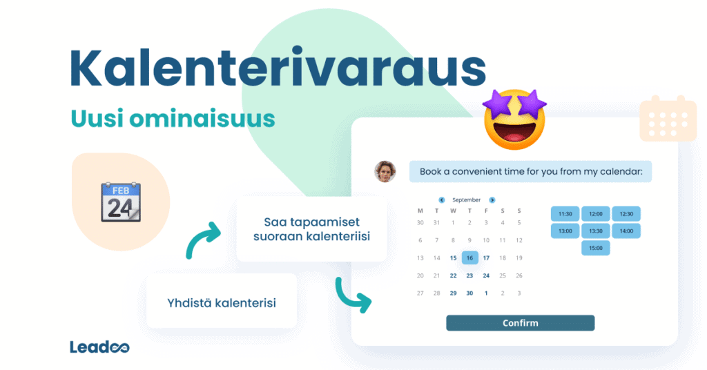 Feature release calendar booking FIN myyntisykli Uutta Leadoolta: konvertoi verkkosivukävijät suoraan tapaamisiksi kalenteriin