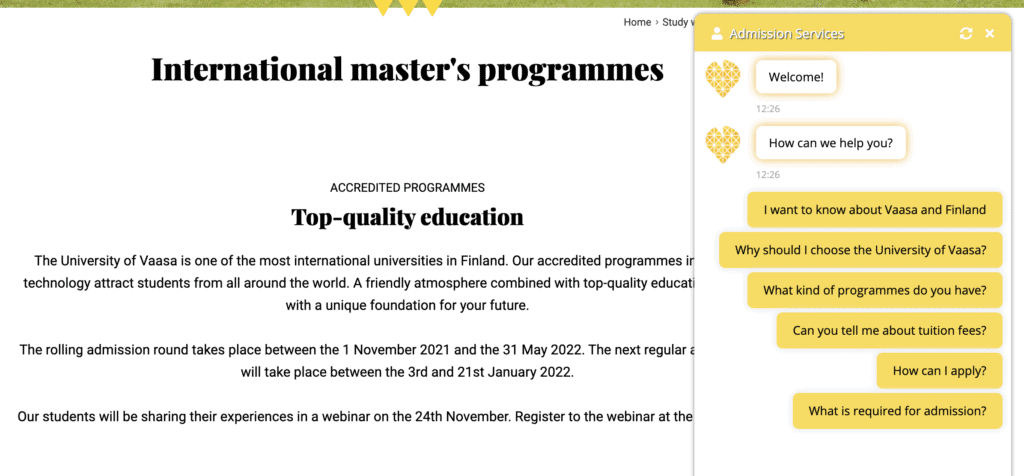 Na%CC%88ytto%CC%88kuva 2021 12 29 kello 12.27.39 korkeakoulu Miten korkeakoulut hyötyvät ChatBotista? 5 tapaa