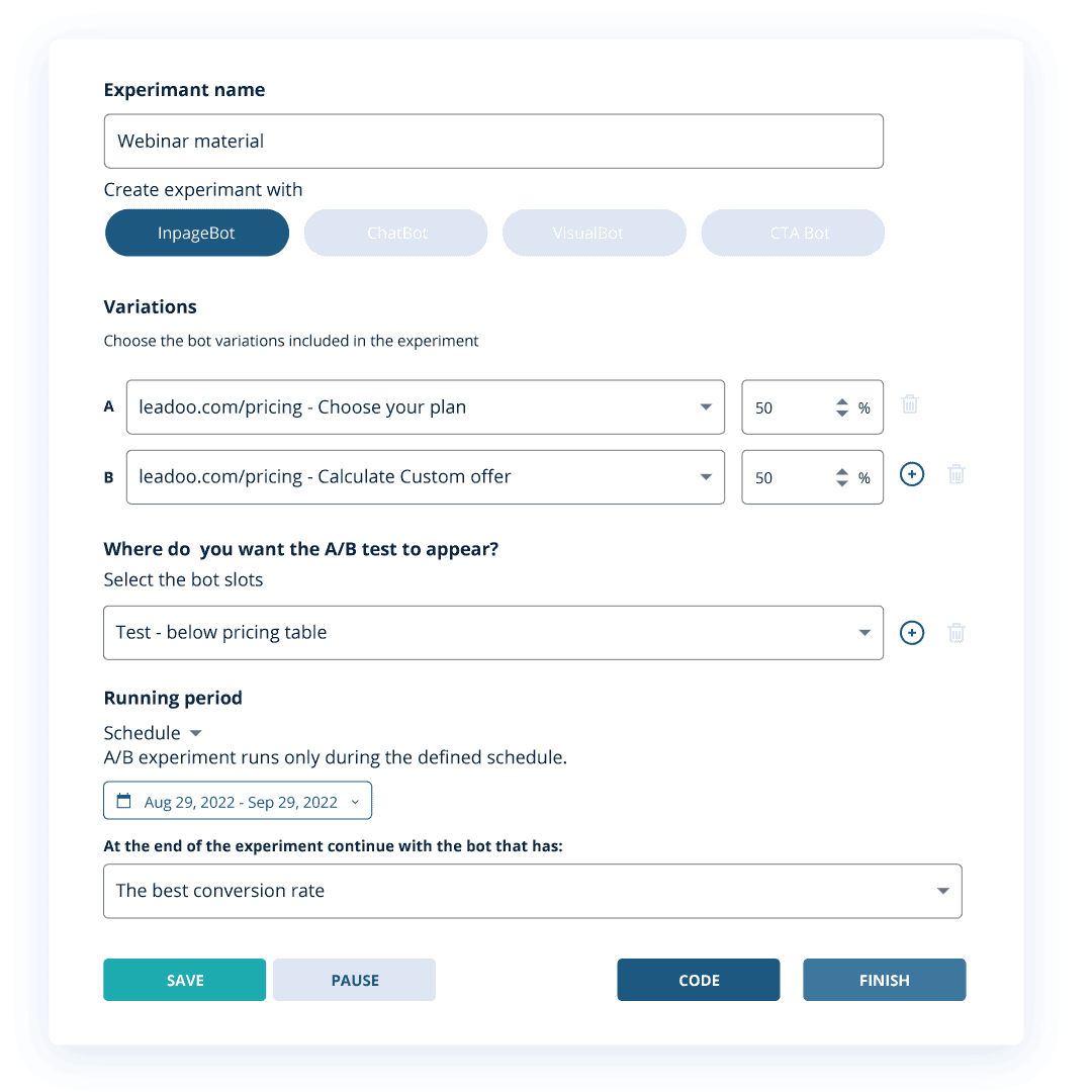 Settings for Personaliser A B testing