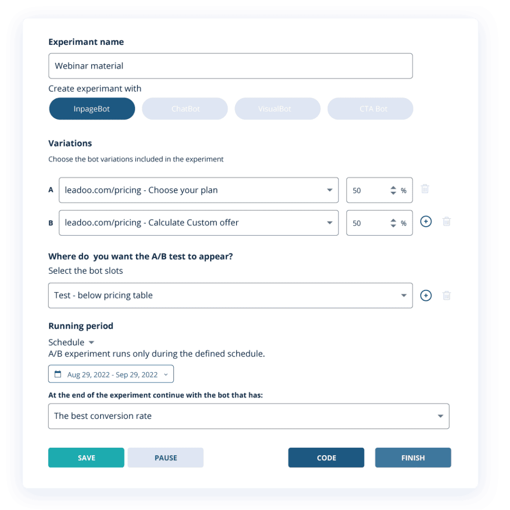 Settings for Personaliser A B testing