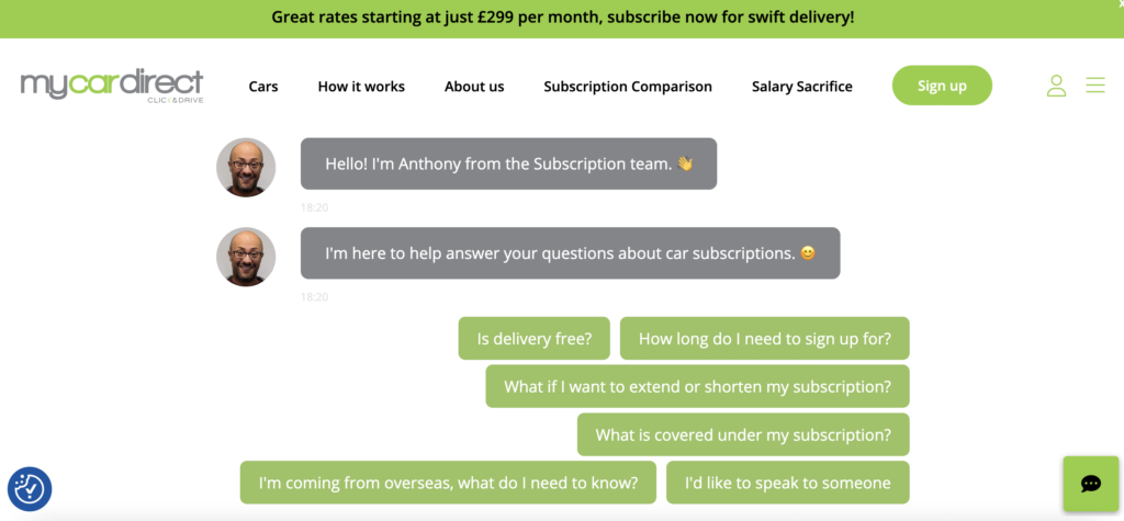An inpage bot example on the how car subsciption works page