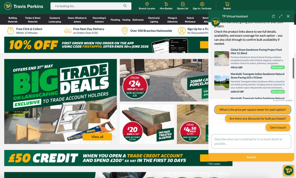 Leadoo Product Recommendations in action on a well known UK construction website