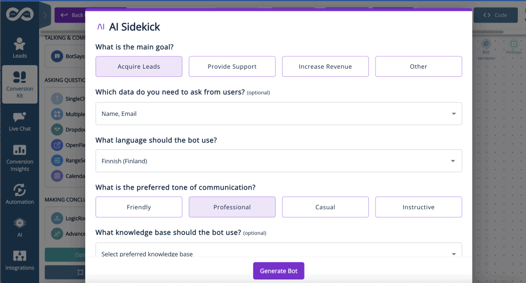 AI Bot Builder sidekick in action