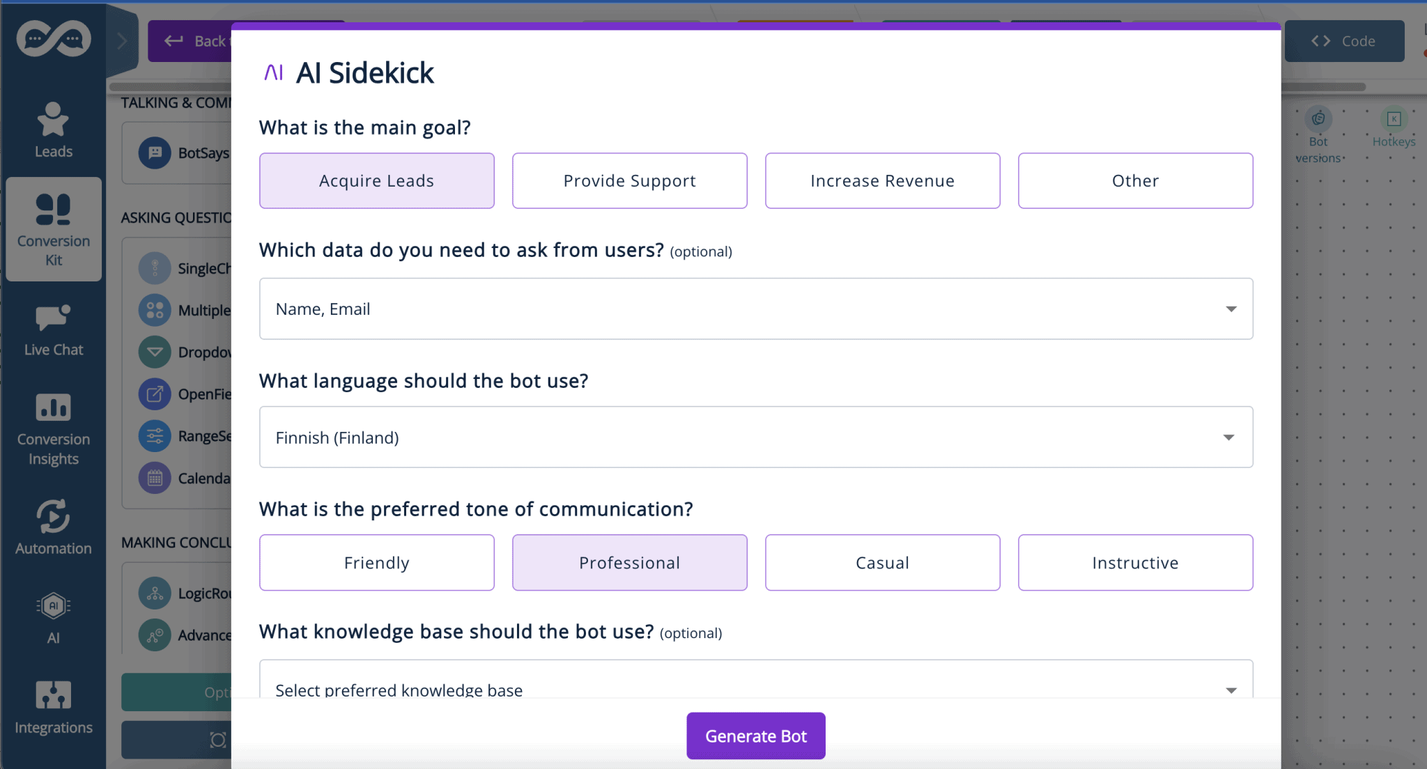 AI Bot Builder sidekick in action
