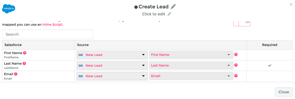 Salesforce fields data mapping view